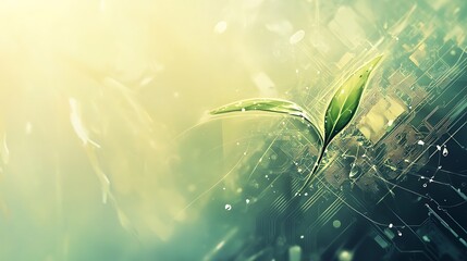 Aufkleber - Fresh green leaves emerging from a digital background, symbolizing growth and technology fusion