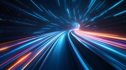 Aufkleber - 青とオレンジの光の線が空間を駆け抜ける抽象的なトンネル状のデザイン