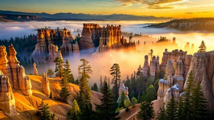 Poster - Majestic Sunrise Over a Canyon Landscape with Rock Formations and Fog