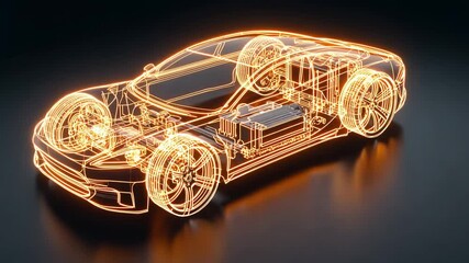 Aufkleber - Glowing orange wireframe electric car rotating slowly, revealing intricate engineering details against black background with futuristic automotive design innovation