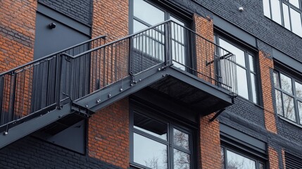 Aufkleber - A striking modern apartment building features a black and orange brick facade. An iron balcony extends from the upper floor, enhancing the urban aesthetic of the structure