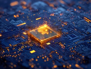 Poster - 輝くオレンジ色のチップと青い基板の抽象的なデジタルテクノロジーのクローズアップ