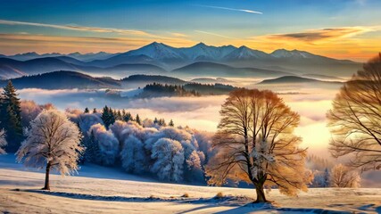Poster - Winter Wonderland Sunrise A Breathtaking View of Snow-Covered Trees and Majestic Mountains
