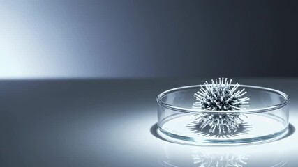 Poster - Metal viral structure rotating slowly within scientific petri dish, reflecting light and casting subtle shadows across pristine white surface, illustrating intricate scientific visualization
