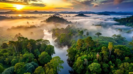 Poster - Sunrise Over Lush Jungle River Valley with Misty Clouds