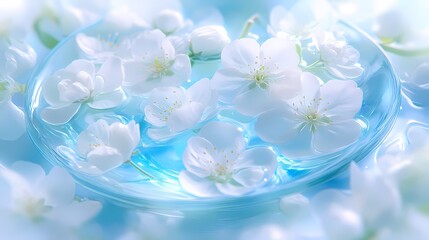 Poster - Tranquil arrangement of white blossoms floating in a serene blue dish, evoking calmness and beauty