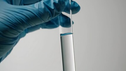 Poster - Laboratory technician wearing blue gloves holds a test tube containing a transparent liquid, tilting it slightly against a white background