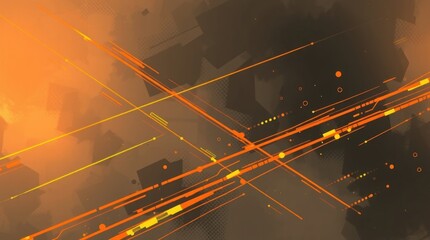 Poster - Abstract digital art featuring intersecting orange and yellow lines against a dark orange and brown background with geometric shapes and glowing particles
