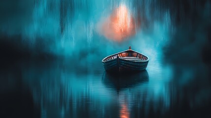 Poster - Serene boat floating in a tranquil lake, surrounded by misty blue hues and a glowing light in the background