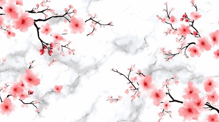 Aufkleber - Elegant cherry blossom branches on a marble background, creating a serene and artistic ambiance