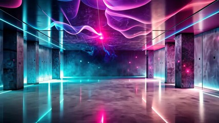 Poster - Neon Lit Hallway with Smoky Atmosphere and Abstract Light Patterns