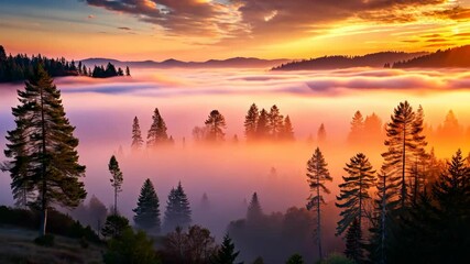 Poster - Misty Sunrise Over a Tranquil Forest A Breathtaking Display of Nature's Beauty