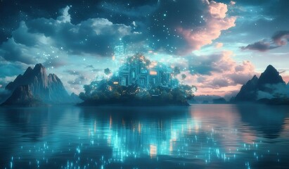 Aufkleber - 夜空の下で輝く魔法の島 青い湖面に映る光景と神秘的な風景