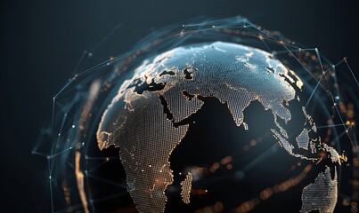 Poster - 3D digital globe highlighting continents and interconnected data points