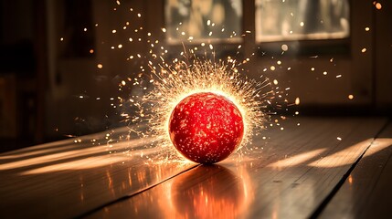 Aufkleber - A vibrant red sphere emitting sparks while resting on a wooden surface in a sunlit room