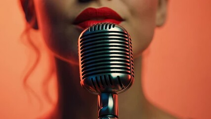 Poster - Vintage chrome microphone glowing under vibrant neon lights, illuminating stage atmosphere with anticipation of upcoming musical or comedic performance