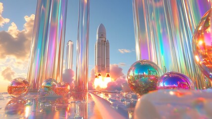 Aufkleber - A futuristic rocket launch scene amidst colorful glass structures and reflective orbs under a vibrant sky