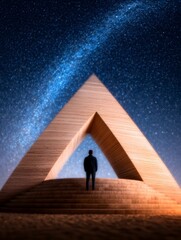 Wall Mural - A lone figure stands within a large wooden triangle structure, silhouetted against a breathtaking night sky filled with the Milky Way