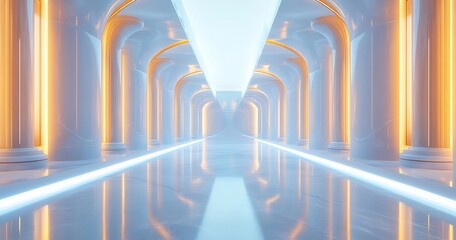 Aufkleber - 未来的な建築の廊下 青と金の照明が施された白い柱のモダンデザイン
