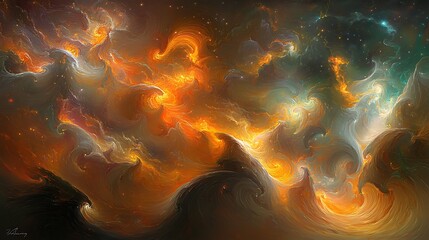 Aufkleber - Abstract cosmic landscape with vibrant swirls of orange, blue, and white, evoking a sense of wonder