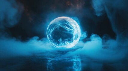 Poster - Ethereal Blue Light Sphere Surrounded by Mystical Fog and Enigmatic Darkness in a Surreal Fantasy Setting