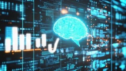 Fototapete - Futuristic Digital Brain with Data Streams and Technology Interface in Blue Neon Colors