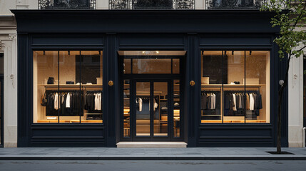 Poster - A fashionable clothing boutique showcases a variety of chic garments through large glass windows. The elegant storefront is designed with a contemporary aesthetic, inviting customers to explore