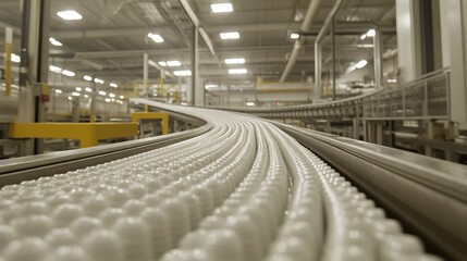 Aufkleber - Conveyor belt transporting white spherical objects in a modern factory setting with bright lighting