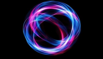 Poster - Abstract Glowing Sphere with Blue and Pink Light Trails on a Black Background creating a futuristic and dynamic visual.