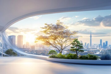 Aufkleber - 屋上庭園からのパノラマ都市風景 晴れた日の日差しを浴びた高層ビル群と樹木