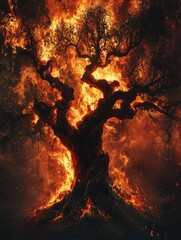 Poster - Fiery tree illustration against a dark background. The artwork depicts a tree engulfed in flames with a dramatic and intense atmosphere. The flames are brightly colored and detailed.