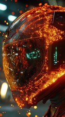 Poster - Close up shot of a helmet glowing with orange particles reflecting light creating an ethereal look against a blurred background