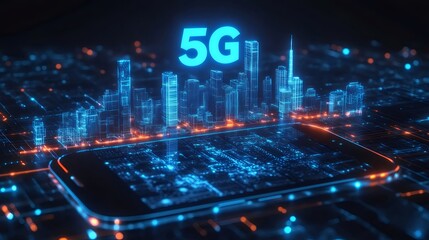 Aufkleber - 青色デジタル都市と5Gロゴ スマートフォン上 未来通信技術 背景暗色 ライトエフェクト