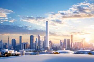 Aufkleber - 都市の高層ビル群と青空広がる夕焼け風景 輝く太陽光線が都市を照らす壮大なパノラマビュー