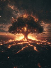 Poster - Dramatic fiery tree illustration against a darkened sky showcasing a fantasy landscape. Emphasizes a burning tree with glowing particles and an intense color palette of orange and black.