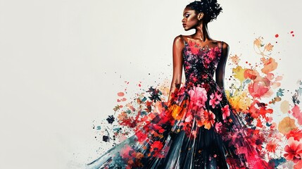Poster - Remarkable and stunning fashion artwork showcasing a model dressed in a vibrant gown set against an abstract backdrop
