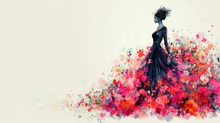Poster - Remarkable and stunning fashion artwork showcasing a model dressed in a vibrant gown set against an abstract backdrop