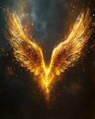 Poster - Abstract golden wings soaring against a dark cloudy background. The wings are formed from glowing particles with dynamic lighting and sparkles. It conveys themes of transformation.