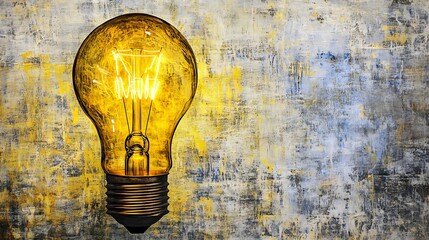 Aufkleber - Vintage light bulb glowing against a textured yellow and blue wall, creating a warm ambiance
