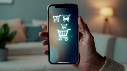 Aufkleber - Close up of a hand holding a smartphone, adding items to an online shopping cart, with shopping cart icons appearing on the screen in a cozy home environment