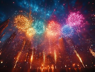 Poster - Vibrant neon fireworks light up the futuristic city skyline
