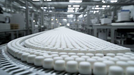 Aufkleber - Production line displaying rows of white cylindrical products in a modern manufacturing facility