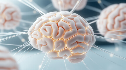 Poster - A conceptual visualization of Artificial General Intelligence (AGI) interconnecting lines ,surrounded by anatomically human brains,connected to the central AI hub, neural networks.