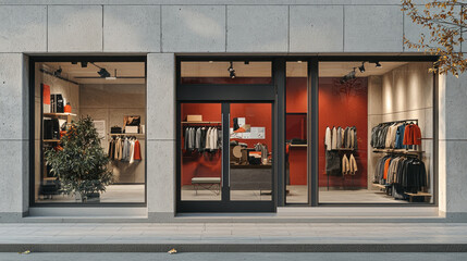 Poster - A contemporary clothing store features an inviting exterior with large glass windows