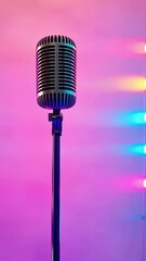 Poster - Neon lights illuminate a vintage microphone on a dark stage, creating a vibrant and energetic atmosphere perfect for music performances, karaoke nights, or stand up comedy shows