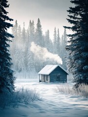 Aufkleber - Cozy Cabin Surrounded by a Snowy Landscape With Gentle Smoke Rising From the Chimney During Winter Generative AI