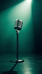 Poster - Polished metallic microphone on a stand is bathed in the glow of a single spotlight on a dark stage, creating an evocative scene of anticipation for a musical or comedic act