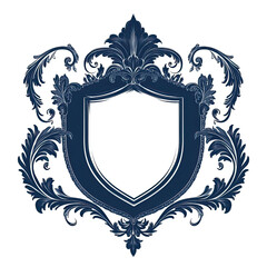 Poster - A decorative shield emblem with ornate floral and foliage elements in dark blue and white on transparent background for design projects or branding purposes.