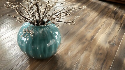 Poster - A vibrant turquoise vase filled with delicate branches sits on a polished wooden floor in a cozy room