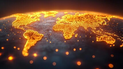 world map glows, orange dots illuminate, earth surface